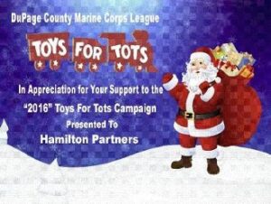 Santa with Toys for Tots appreciation plaque.