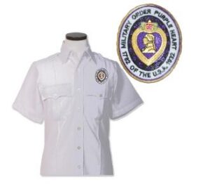 White shirt with Purple Heart emblem.