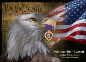 Bald eagle with flag and Purple Heart.