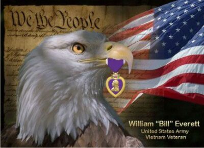 Bald eagle with flag and Purple Heart.