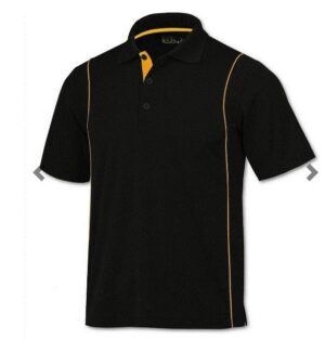 Black polo shirt with yellow accents.