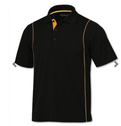 Black polo shirt with yellow accents.