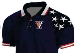 Patriotic shirt with stars and logo design.