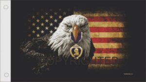 Eagle with medal in front of American flag.