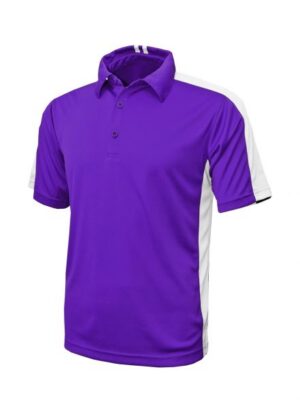 Purple and white short-sleeve polo shirt.