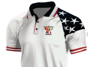 White polo shirt with star-patterned sleeve.