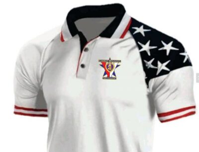 White polo shirt with star-patterned sleeve.
