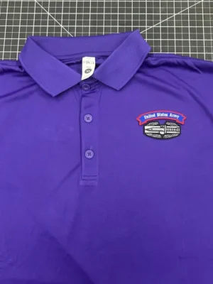 Purple polo shirt with United States Army logo.