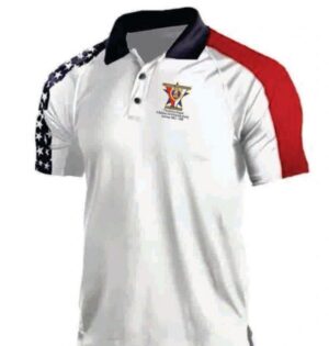 White polo shirt with American flag design.