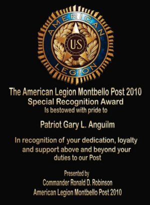 American Legion award certificate for Gary L. Anguilm.