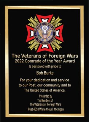 Veterans of Foreign Wars award plaque.