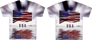 USA flag t-shirts with water reflection.