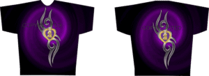 Purple shirt with heart and swirl design.