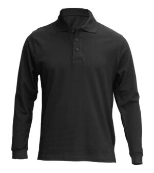 Black long-sleeve polo shirt on display.