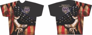 Patriotic shirt with American flag design.