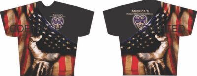 Patriotic shirt with American flag design.