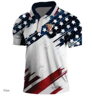 Patriotic-themed polo shirt with stars and stripes.