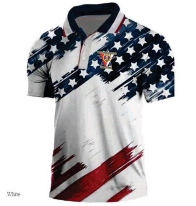 Patriotic-themed polo shirt with stars and stripes.