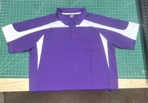 Purple and white short-sleeve polo shirt.
