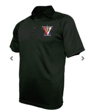 Black polo shirt with embroidered logo.