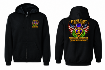 Front and back of black Unbroken in Spirit Purple Heart full-zip hooded sweat jacket